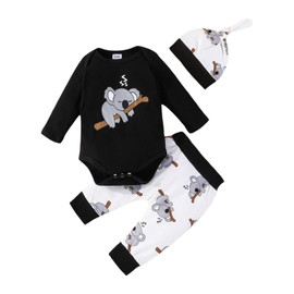 Infant Newborn Baby Boy 3Pcs Outfit Clothes Koala Long Sleeve Romper Top Elastic Waist Pants Hat Fall Set (Black, 0-3 Months)