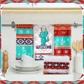 Kajaia 6 Pcs Aztec Theme Kitchen Towels Southwestern Dish Towels Native Hand Towels Decorative for Absorbent Drying Cloth Turquoise Geometric Ethnic Microfiber Tea Towels for Home Housewarming Gift