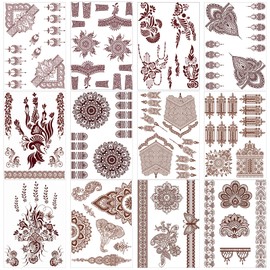 12 Sheets Henna Temporary Tattoos for Adults, Waterproof Fake Henna Tattoo Stickers for Hands, Lace Mandala Flower Pattern Body Art Large Big Arm Tattoos Stickers for Wedding Party