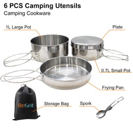 BeGrit Camping Tableware Set 1 Person Foldable Camping Pot Outdoor Cookware for Open Fire Stainless Steel Camping Cooking Set for Outdoor Picnic Camping Hiking Fishing