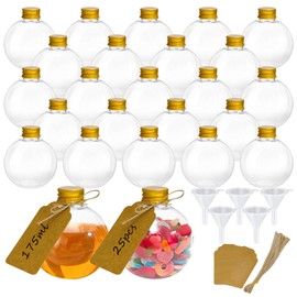 GYMDLN 25 Pieces 6 oz Spherical Plastic Potion Bottles Ball Shape Sand Art Bottles with Funnel Christmas Cocktail Ornament Balls Candy Jar for DIY Wedding Party Crafts Decoration(Gold, Aluminum Cap)