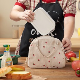 Noilk Lunch Bag, Beige Corduroy with Strawberry Pattern, Insulated Thermal Tote, Portable and Reusable Cooler for School or Work, 8.5L