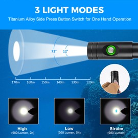 Odepro WD12 IPX8 Max 1050ルーメン ダイビングライト 水中ライト プロ仕様超高輝度 水中懐中電灯 IP68防水 水中100メートル使用可能