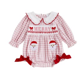 Baby Girl Christmas Outfit Santa Bubble Romper Long Sleeve Doll Collar Plaid Jumpsuit Boutique Fall Clothes (Pink Merry Bow, 0-3 Months)