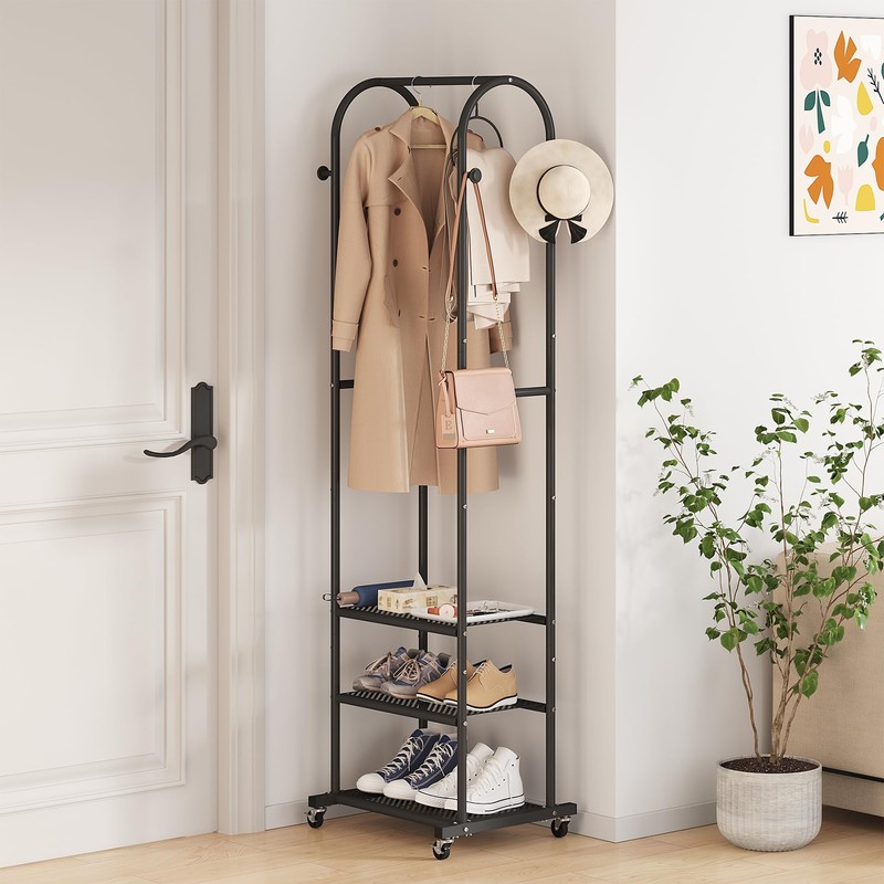 Hall Tree with Wheels and Hanging Hooks,Heavy-Duty Metal Coat Rack