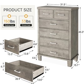 GAOMON Dresser for Bedroom with 6 Drawers, 45" Tall Grey Chests of Drawers with Storage, Large Drawer Dresser for Closet, Wooden Storage Cabinet for Entryway
