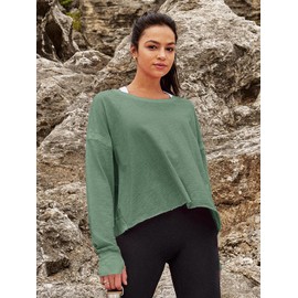 Panadila Womens Open Back Workout Top Long Sleeve Yoga Shirts Thumbhole Tee Shirts Casual Crop Y2k(Army Green,S)