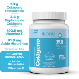 WONU I Colágeno Hidrolizado I 345g I 30 Servicios I Sabor Natural I Con Ácido Hiluronico Y Vitamina I Sin Azúcar