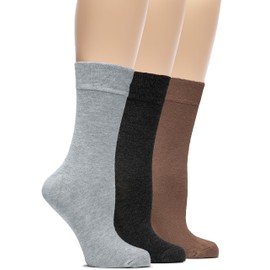 HUGH UGOLI Womens Soft Bamboo Dress Socks, Thin Crew Socks for Business, Trouser & Casual, Non-Binding, 3 Pairs, L Grey/Charcoal/L Brown, Shoe Size: 9-12