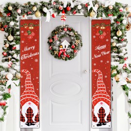 FINPAC Christmas Decorations Outdoor Yard Front Porch Sign Set, Red Plaid Door Banner, Merry Christmas Hanging Banner Flag for Home Indoor Outdoor Xmas Decor Wall Front Door Yard Garage