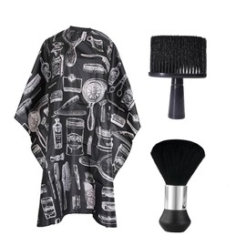 NIYATA Hairdressing Cape, Neck Brush, Hairdresser Set, 2 Hairdressing Brush and 1 Hairdressing Cape, Black Hairdresser Hair Brush, Soft Barber Brush, Waterproof Hairdressing Cape for Household, Salon,
