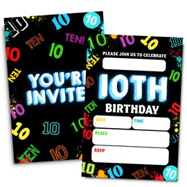 Doguiei 10th Birthday Party Invitations, Neon Ten Year Old Invitations Card for Boys Girls (30 Cards & 30 Envelopes)