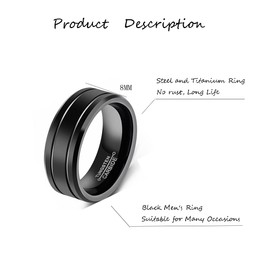 MAGIIE Jewellery 8 mm Rings for Men, Anniversary Trust Ring, Men's Black, Midi Ring, Stainless Steel, Size 60 to 70, Stainless Steel, No Gemstone