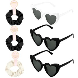 BOUBONI 3 Pcs Satin Bridesmaid Scrunchies 3 Pairs Bachelorette Sunglasses Elastic Bridal Party Hair Ties Ideas Gift Heart Shaped Sunglasses for Wedding Party Bridesmaid Proposal Gifts (Black, White)