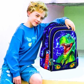 gxtvo 3PCS Dinosaur Backpack for Boys, 16" Kids Bookbag with Lunch Box, Water Resistant School Bag for Elementary Prechool Toddler