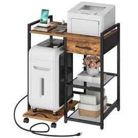HOOBRO Printer Stand with Charging Station, Printer Shredder Stand with Fabric Drawer, Table for Fax Machine, Printer Storage Office Organizer, for Home Office, Rustic Brown and Black BF72UPS01