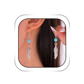 Dmaiy Boho Leaves Earrings Turquoise Beaded Earring Silver Vintage Earrings Ethnic Dangle Drop Jewelry for Women Lady