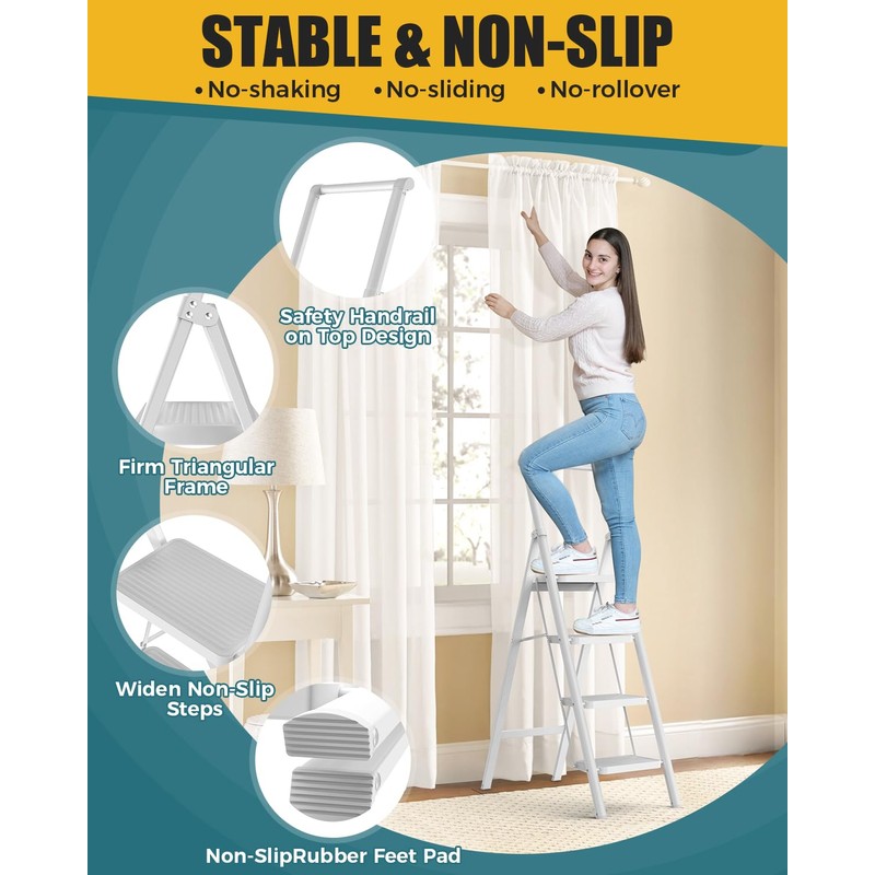 GORWARE 4 Step Ladder, Foldable Step Stools 330lbs Lightweight Sturdy