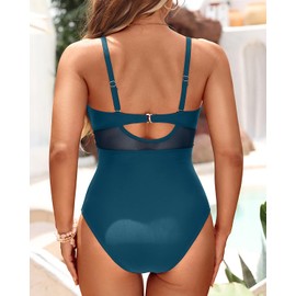 Tempt Me Women One Piece Bathing Suits Tummy Control Swimsuits Cutout Mesh Front Cross Swimwear, Blue Green, Large