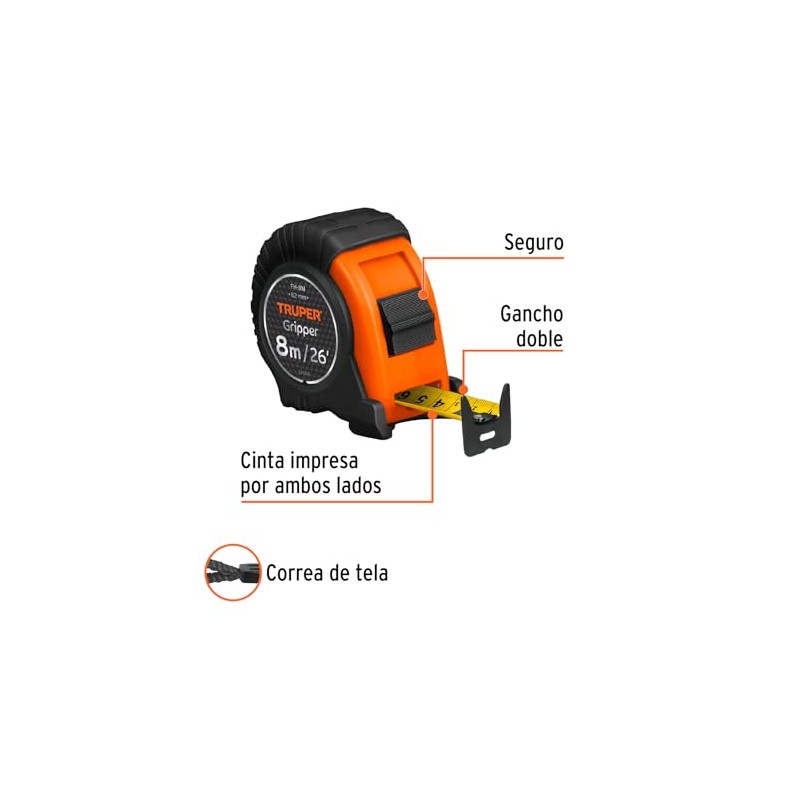 Truper FH-8M, Flexmetro Gripper, contra impacto, 8 m, cinta 25