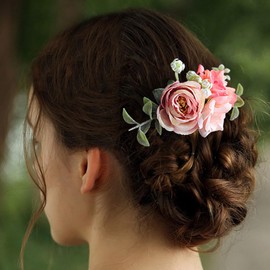 Fangsen Wedding Boho Pink Rose Babysbreath and Eucalyptus globulus Flower Hair Comb Bridal Headpiece Floral Hair Accessories for Brides and Bridesmaids Silver (Pink)