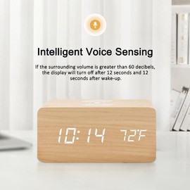 Digital Wooden Alarm Clock with Wireless Charging Wood LED Digital Clock, Dimmer, Dual Alarm, Time Date, Temperature Display for Bedroom, Bedside, Desk