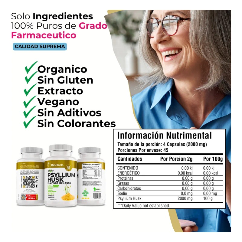 Psyllium Husk Fibra Altamente Soluble 180 Capsulas Bioherb Sin Sabor