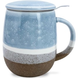 YumKubis 13.5 OZ Reactive Glaze Tea Cup with Infuser and Lid, Porcelain Tea Infuser Mug, Single Tea Brewing Cup for Loose Leaf Tea, Microwave & Dishwasher Safe, Pale Blue