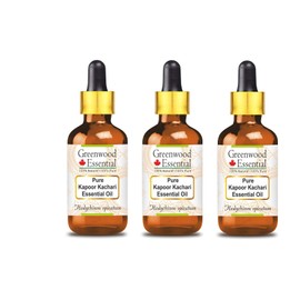 Greenwood Essential Pure Kapoor Kachari Essential Oil (Hedychium Spicatum) with Glass Dropper Natural Therapeutic Quality Steam Distilled (Pack of Three) 100 ml x 3 (10 oz)