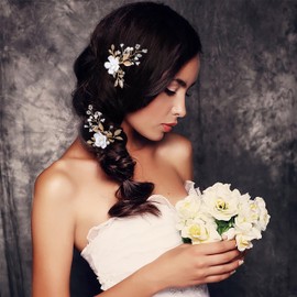 Oriamour 2Pcs Bridal Hair Accessories,Gold Wedding Hair Pins Pieces With White Flowers for Brides Rhinestones Hair Jewelry For Women and Girls Hair Clips For Wedding (Gold, 3.5'')