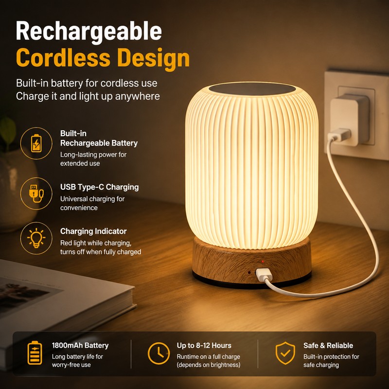 Cordless Touch Desk Lamp for Bedroom and Office – Rechargeable
