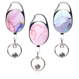 FENQURO Pack of 2 lanyards, retractable badge reels, pink marble, double-sided colour print pattern, retractable badge holder, with retractable key ring, ID clip
