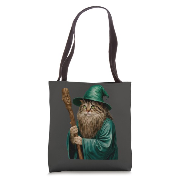 Cat Wizard Holding Staff in Green Robes Tote Bag