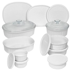 Durable Non-Porous French White 18 Piece Ceramic Made and Oven and Microwave Safe Bakeware Set with Lid by CorningWare