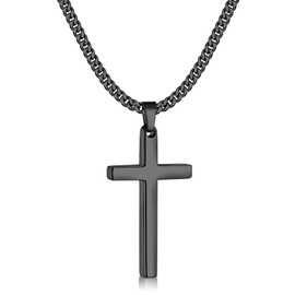 Fiusem Black Necklace for Man, Cross Necklaces with 3.5mm Chain and Stainless Steel Cross Pendant Medium, Cuban Chain 22 Inches