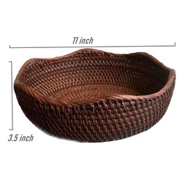 AMOLOLO Handmade Rattan Round Fruit Basket Food Storage Bowls Kitchen Organizer Snack Serving Bowl 11 Inch Wavy Edge Circle Tray Basket with 3” Deep Wall, Dark Brown Décor Display Tray Bowl, L
