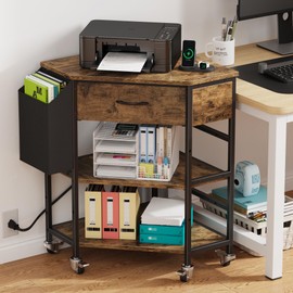 YAOHUOO Corner Printer Stand, Corner Table with Power Outlet/Storage Fabric Drawer，Printer Cart for Home Office with Height Adjustable Shelf/Side Pocket, Rustic Brown