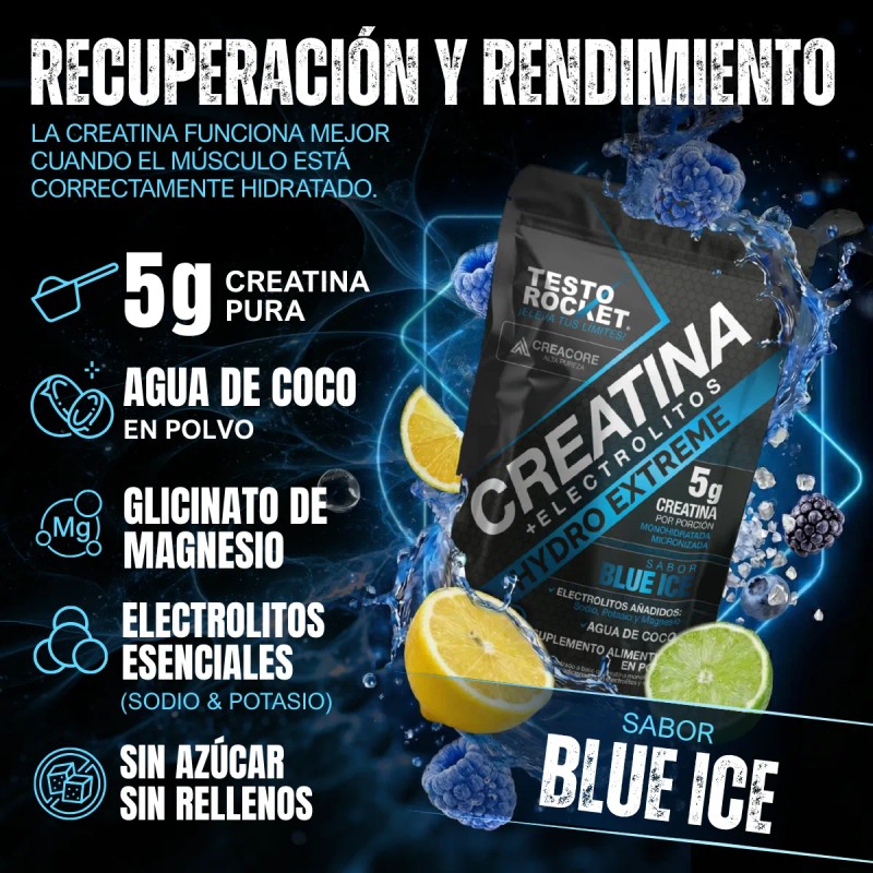Creatina + Electrolitos, Vitaminas Testo Rocket Blue Ice