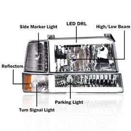 CNNELL LED DRL Headlights Compatible with 1992-1996 Ford F150/Bronco/1992-1997 F250/F350/FSuper Duty w/Corner Signal Bumper Lamps(Clear lens Chrome Housing Amber Reflector