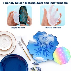 8 Pieces Coaster Silicone Resin Molds Set Include 4 Flower Coaster Resin Molds Flower Silicone Tray Resin Molds and 4 Octagon Epoxy Casting Mold for Making Coasters, DIY Resin Artwork, and Home Decor
