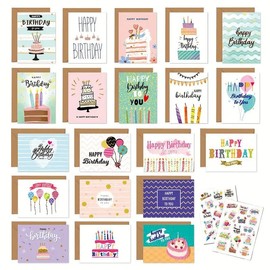 Birthday Card Set, 1 Set Including 20 Mini Cartoon Pattern Birthday Cards & 20 Envelopes & 2 Stickers, DIY Message Card Set for Birthday Party