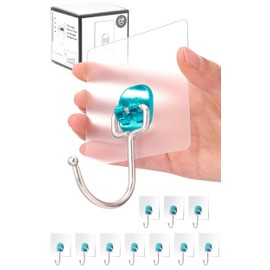 Antimbee 10-Pack Large Adhesive Hooks,Heavy Duty Adhesive Hooks 37 lb(Max),Sticky Wall Hooks fit Home,Bathroom,Kitchen,Office and Outdoor (Transparent Cyan)