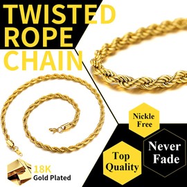 Men Twisted Style Rope Chain 6mm 18K Gold Plated Necklace, 30"