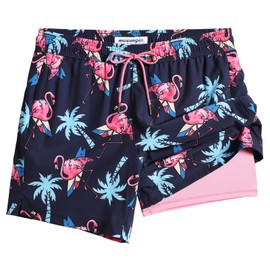 maamgic Mens Swim Trunks with Compression Liner 5" Stretch Beach Shorts Quick Dry with Zipper Pockets No-Chafing Board Shorts Navy-Flamingo Palm M