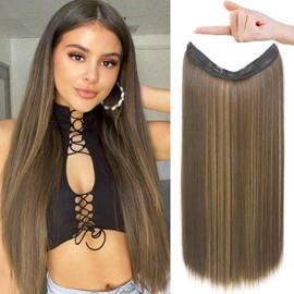 REECHO Invisible Wire Hair Extensions with Transparent Headband Adjustable Size Removable Secure Clips in Straight Secret Hairpiece for Women (24 Inch (Pack of 1), Chocolate Brown with Highlights)