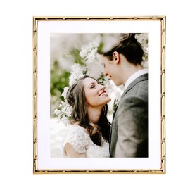Gold 10x12'' Metal Bamboo Detail Picture Frame with Acid Free Mat for 8x10'' Set of 2,Elegant Narrow Plated Photo Frames,with Soft Velvet Backing for Tabletop and Wall Décor