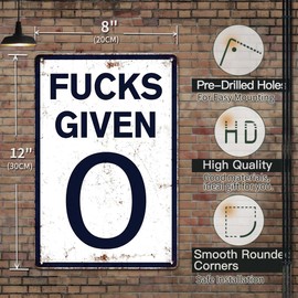 Man Cave Decor Funny Garage Signs 0 Fucks Given 12 x 8 Inches Vintage Metal Tin Signs Parody Speed Limit Sign Garage Accessories for Men, Man Cave Accessories Funny Office Signs