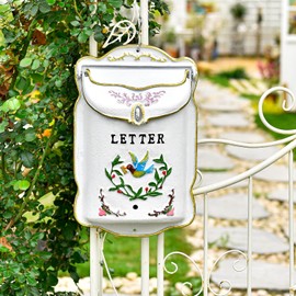 Sungmor Cast Iron Wall Mount Mailbox, Country Style Post Box for Outside, Vintage White Letter Box with Charming Design, Decorative Heavy Duty Locking Mailbox, Garden Front Porch Entryway House Decor
