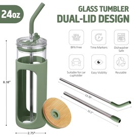 Kodrine 24oz glass tumbler with straw and lid,Iced coffee cup, Leak-proof Lid and Straw,Smoothie Cup With Bamboo Lid,Fit in Cup Holder, BPA Free, Dishwasher Safe (1, Olive)
