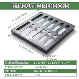 Cast Iron Drain Grate, 12 * 12in Heavy Duty Outdoor Drain Cover, B125 Class Channel Grate, Metal Sewer Grate, Black Square Drainage Grate for Concrete Floor, Yard, Driveway & Garage.